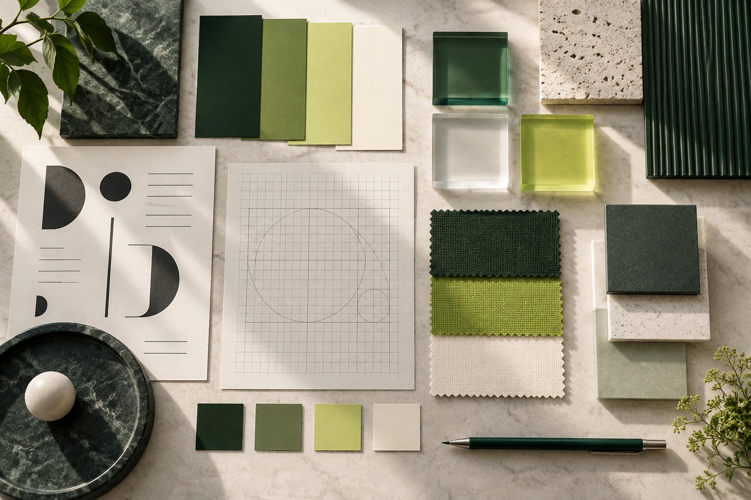 Coordinated color swatches and grid studies illustrating a design system